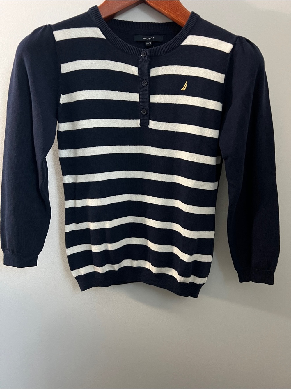 Nautica | Cotton Navy & White Striped Henley Sweater Gold Logo NWT Sz 130/70